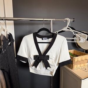 Black and White Bow Accent Women's Top